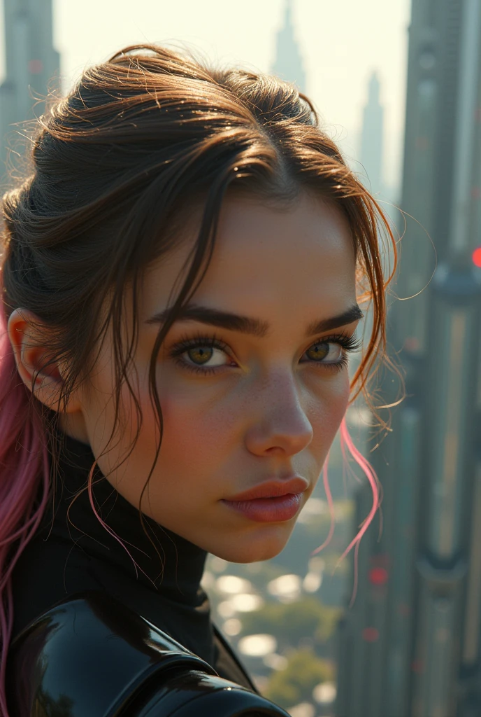 Hailee steinfeld looking at viewer,Closeup,Raining,wet hair,sun beams,lens flare,Closeup,Hailee steinfeld,Vertigo inducing photo,Panoramic, depth of field, futuristic buildings,really high skyscraper. Brown and pink hair, Madison beer,Tall futuristic glass skyscrapers , Rooftop garden,Futuristic cityscape,black see through flowing dress,,Woman,a woman with long brown hair,view of a futuristic city from above, mandelbulb architecture, detailed futuristic architecture, giant towering pillars, fractal buildings, mandelbulb 3 d buildings, star wars architecture, tall obsidian architecture, buildings covered with greebles, stunning sci-fi concept art, surreal sci fi architecture, by Peter Gric, the last guardian skinny towers, megastructures,