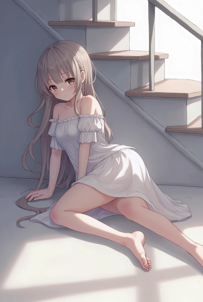 An anime style girl lying on the floor leaning her back against the stairs