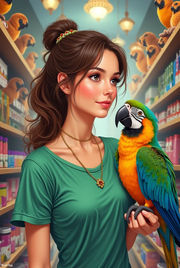 drawn in the form of a colored drawing, a woman in a green t-shirt looking at a parrot in a pet store