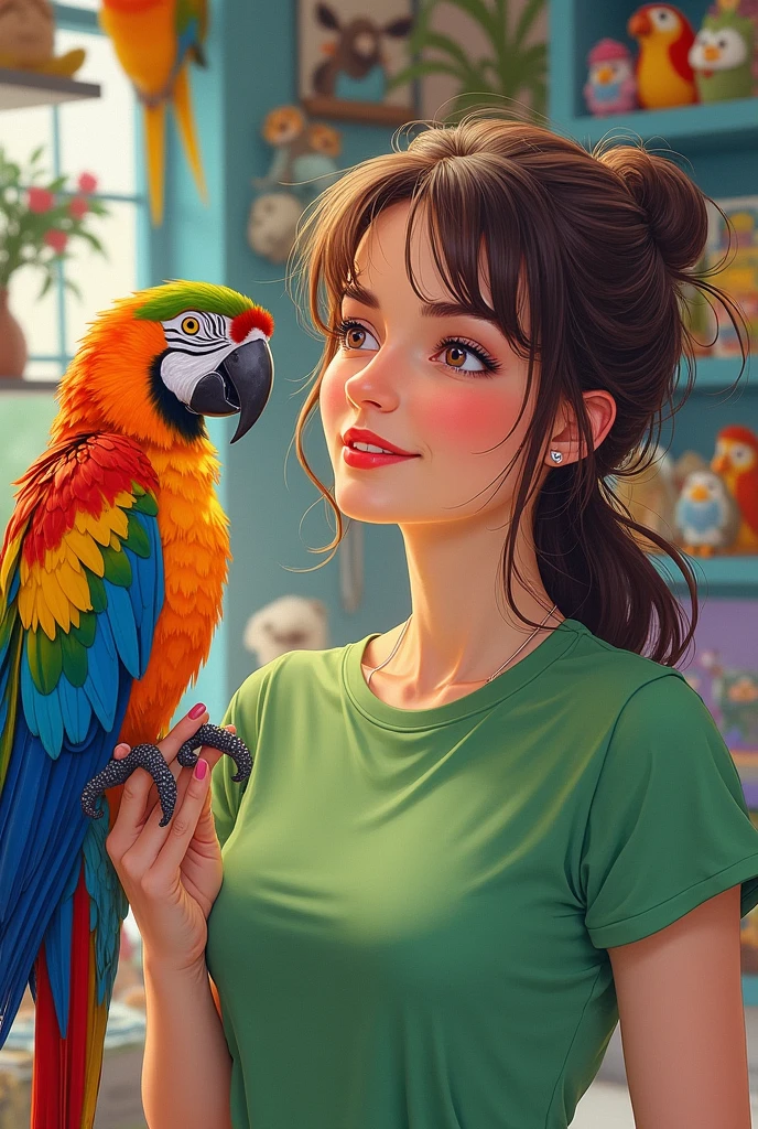 drawn in the form of a colored drawing, a woman in a green t-shirt looking at a parrot in a pet store