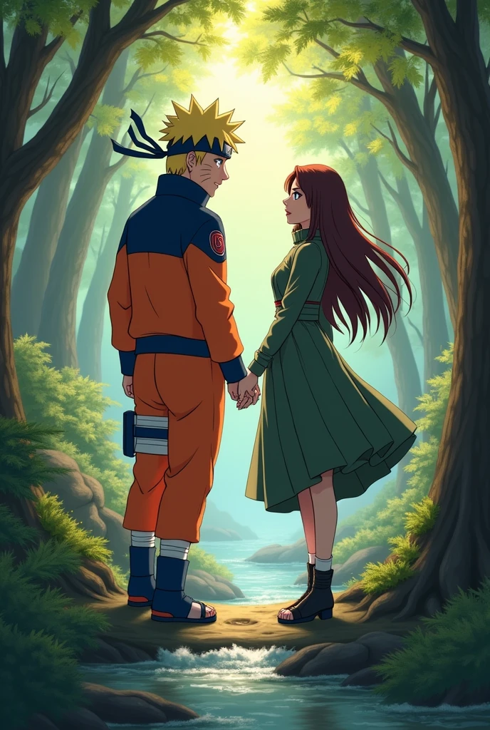 Naruto and a brown-haired woman in a forest