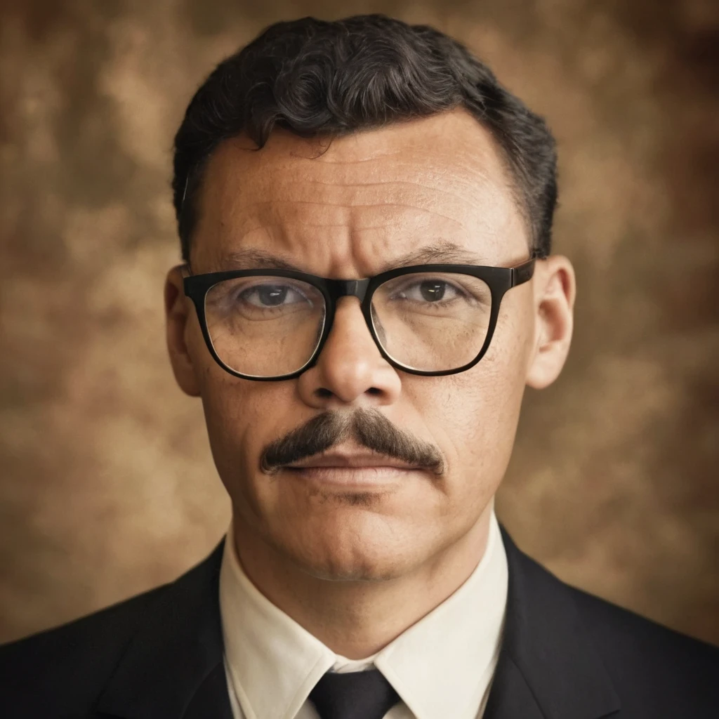 A highly realistic, RAW portrait of a man wearing glasses inspired by a vintage photograph. He has a neatly groomed mustache and short, wavy hair. His attire consists of a dark suit with a white shirt, reflecting an early 20th-century style. The man's expression is serious yet composed, and he gazes slightly off-camera. The background is subtly textured, giving a nostalgic, sepia-toned effect. The lighting is soft and even, emphasizing the historical ambiance and authenticity of the portrait.,guttosdxlago24