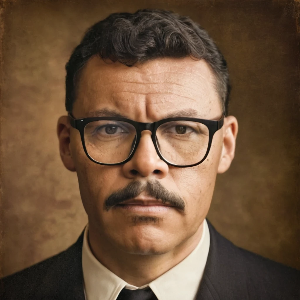 A highly realistic, RAW portrait of a man wearing glasses inspired by a vintage photograph. He has a neatly groomed mustache and short, wavy hair. His attire consists of a dark suit with a white shirt, reflecting an early 20th-century style. The man's expression is serious yet composed, and he gazes slightly off-camera. The background is subtly textured, giving a nostalgic, sepia-toned effect. The lighting is soft and even, emphasizing the historical ambiance and authenticity of the portrait.,guttosdxlago24