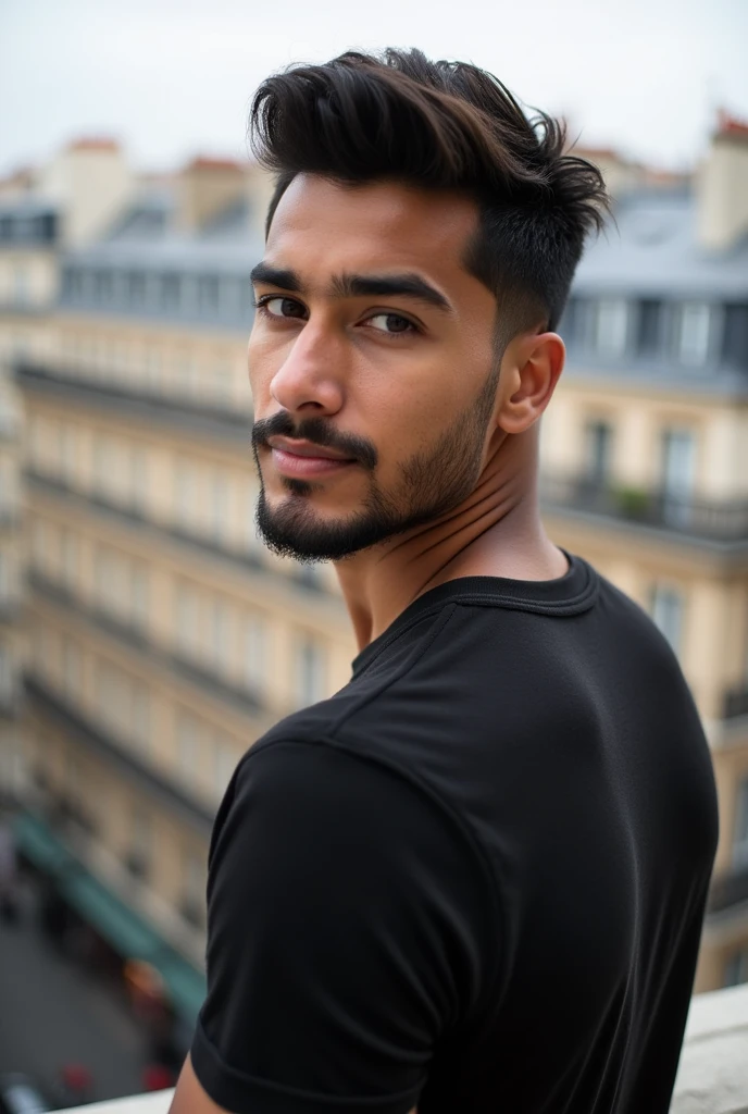 Handsome white Indian guy, 2, Korean glass skin, dark short hair
bit wider face, brown eyes and bit shorter hair
wider cheek
1 day beard
there is a line shaved in the right eyebrow, on a t-shirt fitting perfectly black t-shirt, looking back at camera selfie, Paris city balconey