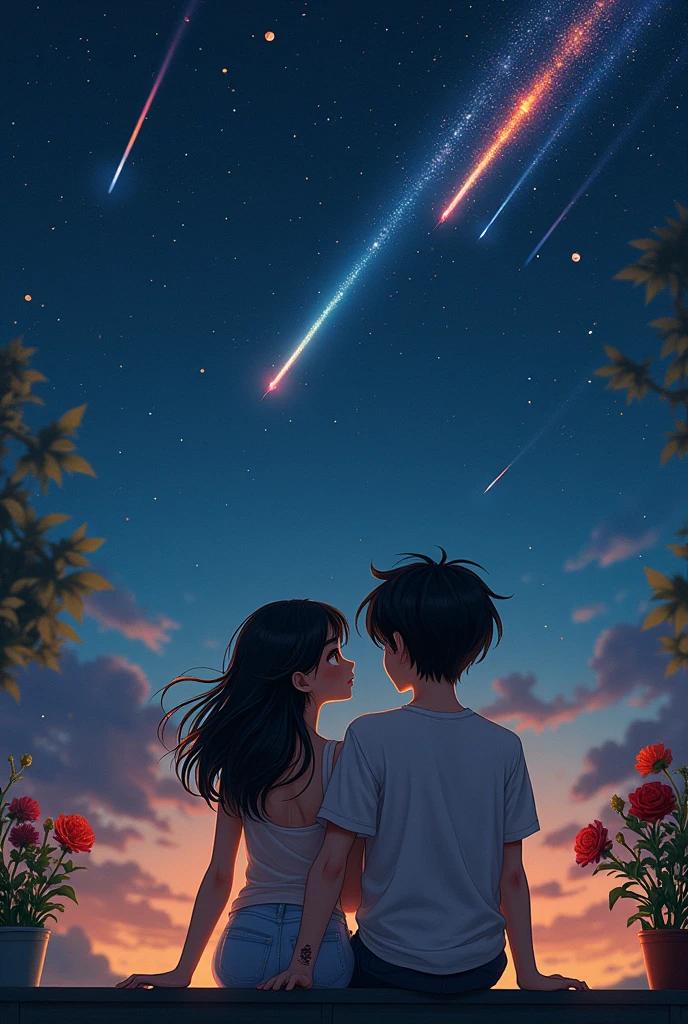 I would like you to make a couple of lovers on a balcony watching shooting stars of different colors, the girl has white skin, black hair with bangs, Golden eyes. The boy has white skin, pelo negro y Golden eyes, She also has a tattoo of a red rose on her neck.