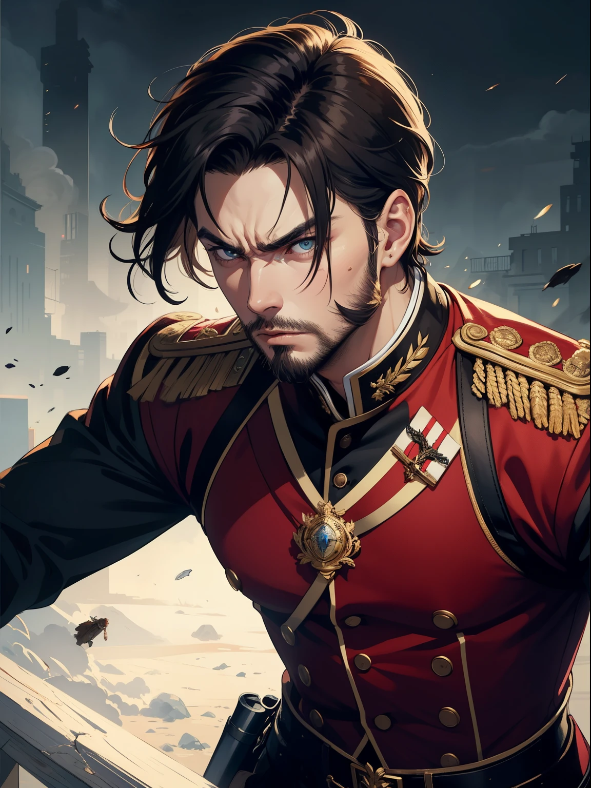 young man, short hair, brown, beard, royal uniform, navysword, angry eyes, high details, perfect anatomy, wounded, perfect eyes, war, muscular 