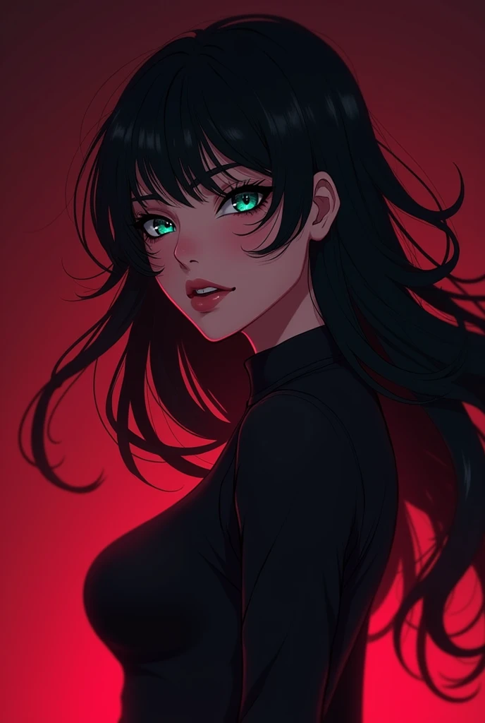 Dessin de femme anime yeux kaki, regard cool badasse au cheveu noir onduler dans une ambiance rouge bordeau cerise pour une photo de profil