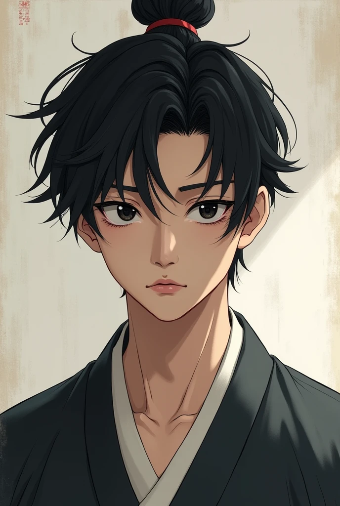 Generate an image of a young Asian male character with a slightly sharp, youthful face. He has jet-black eyes, and his expression shows self-ridicule and bitterness. He is wearing simple, traditional clothing."
