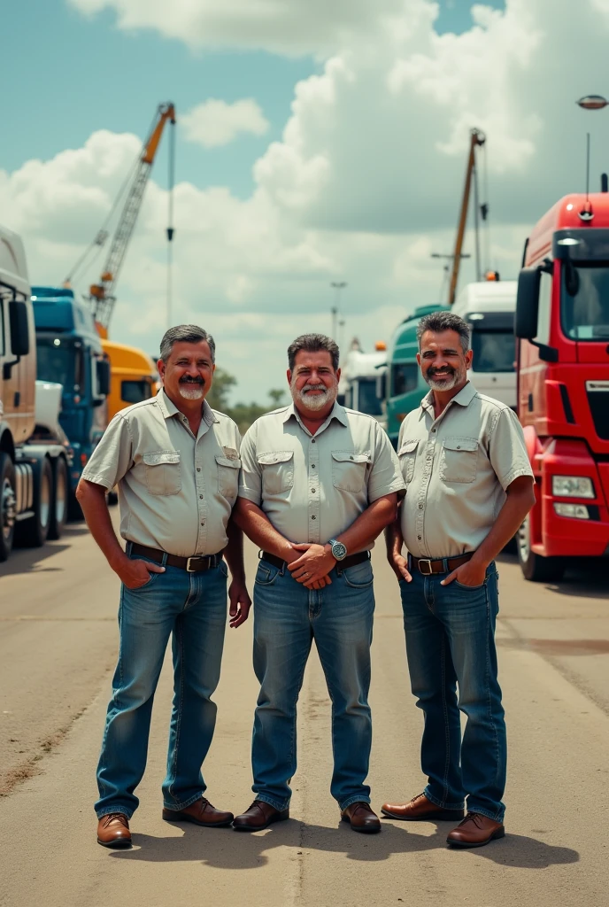 Three 4 Mexican male partners selling tractor-trailers, trucks and articulated cranes