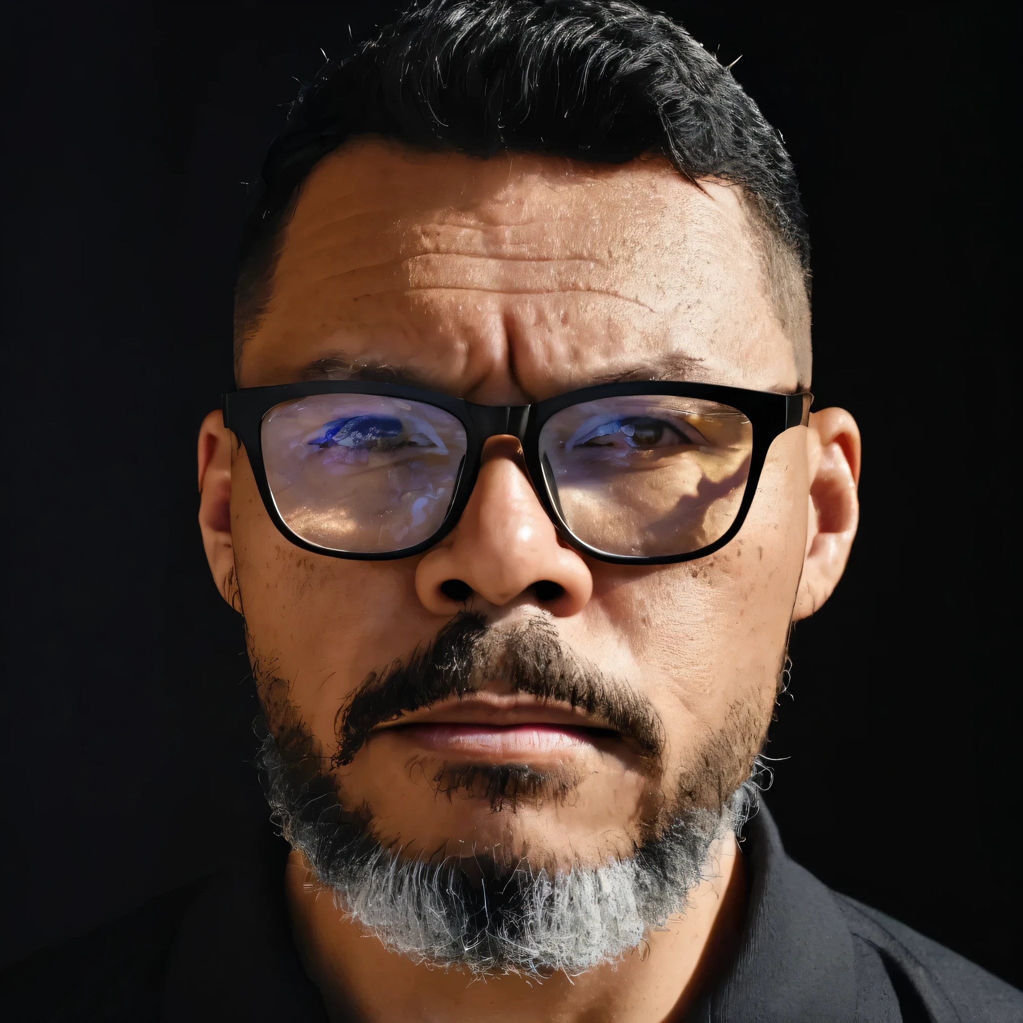 A professional raw portrait, close-up, cropped to the shoulders of a man with short black hair styled in a fade cut. | He is wearing glasses with semi-rectangular frames, and has a short, unshaven beard. | The man is dressed in a black polo shirt, standing against an infinite black background. | The lighting is chiaroscuro, creating dramatic contrasts of light and shadow, emphasizing the textures of his skin and beard. | The shot is taken with a 50mm lens, capturing every detail with high precision and depth., guttosdxlago24