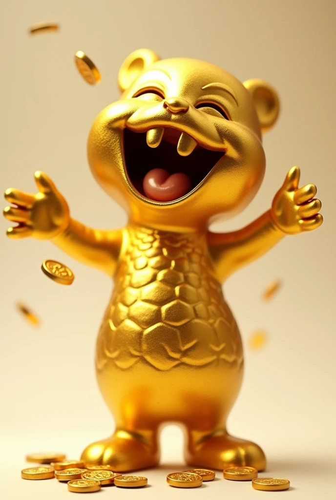 A laughing golden statue with coins in its hands, mark tedin style