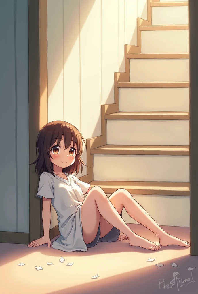 An anime style girl lying on the floor leaning her back against the stairs in front 