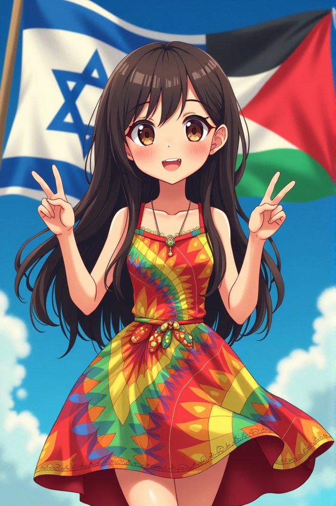 Hippie anime girl with a 60s flowerpower dress, making the peace and love symbol with a hand, perfect and balanced draw hands, at the background Israel and Palestine flags