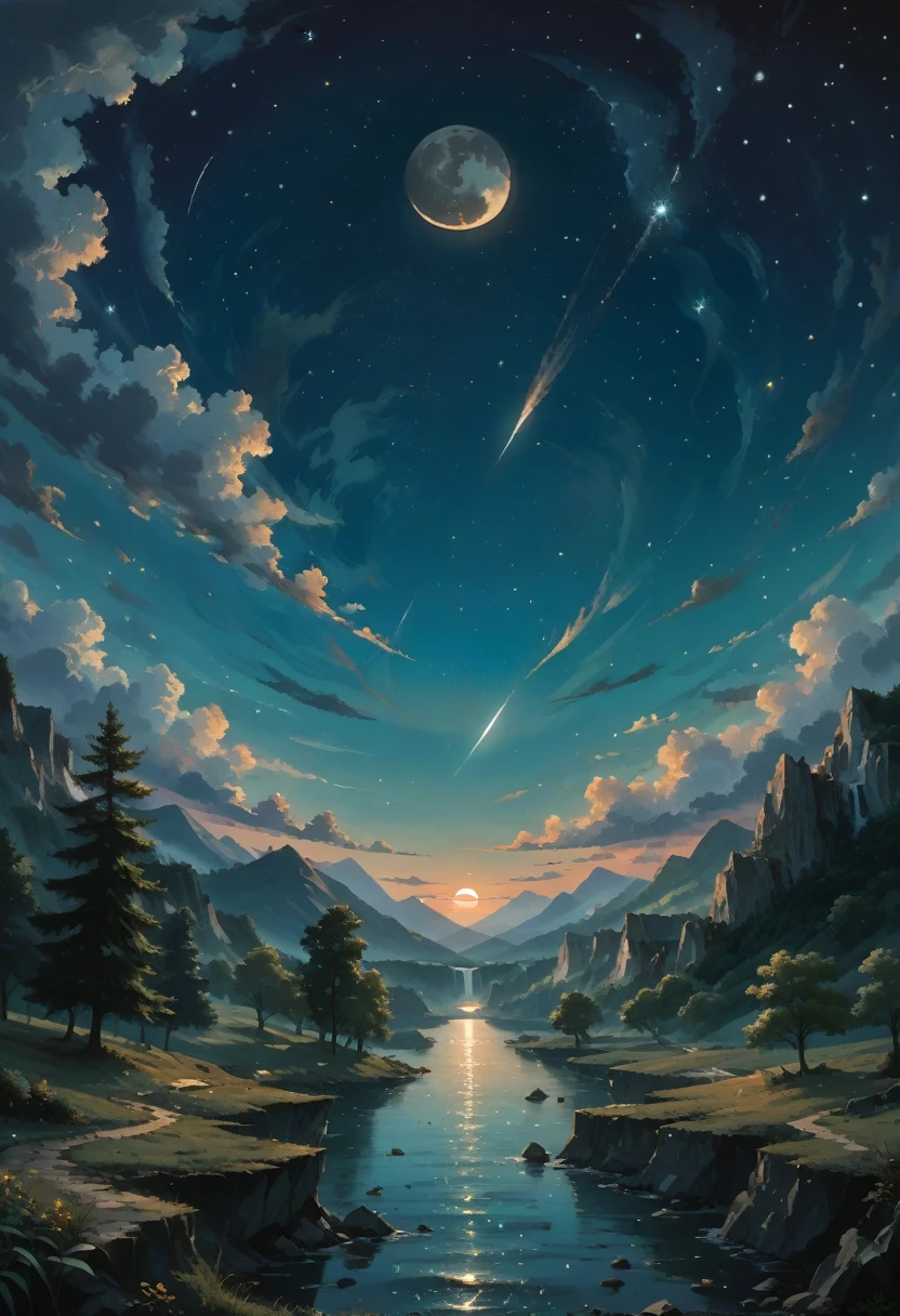 A highly condensed beauty dressed in a painting of stars and moons in the river and sky, concept art inspired by Tosa Mitsuoki, pixiv competition winner, best quality, fantasy art, beautiful anime scenes, a round of bright moon, starry sky environment in the moonlight, dream painting, anime background art, dream landscape art, fantastic night, anime background, background artwork, fantastic art, atmospheric anime, starry sky, detail enhancement.  