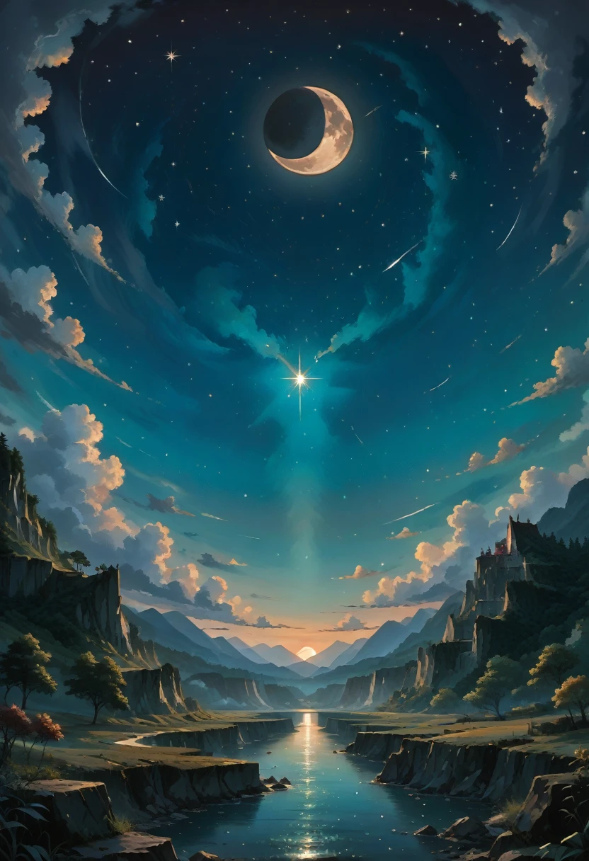 A highly condensed beauty dressed in a painting of stars and moons in the river and sky, concept art inspired by Tosa Mitsuoki, pixiv competition winner, best quality, fantasy art, beautiful anime scenes, a round of bright moon, starry sky environment in the moonlight, dream painting, anime background art, dream landscape art, fantastic night, anime background, background artwork, fantastic art, atmospheric anime, starry sky, detail enhancement.  