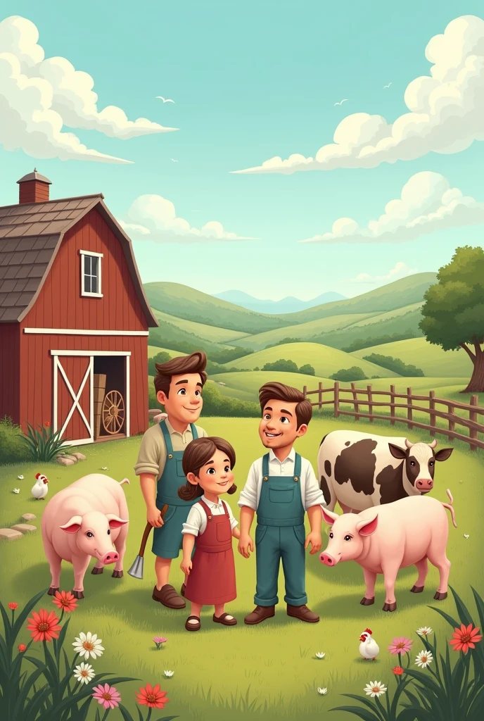 men and women working on a farm, with cows, pigs and chickens, cute and tender drawing