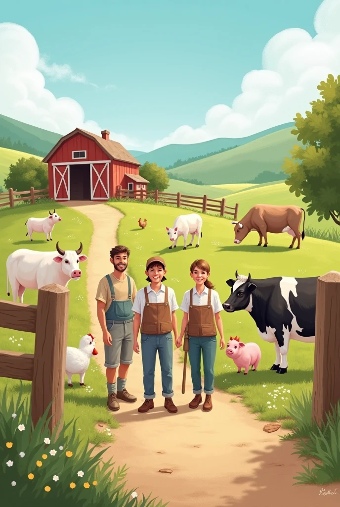 men and women working on a farm, with cows, pigs and chickens, cute and tender drawing