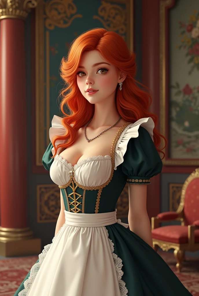 Create an image of a red-haired girl with brown eyes, large bust and youthful appearance, she wears medieval clothes of an imperial palace maid