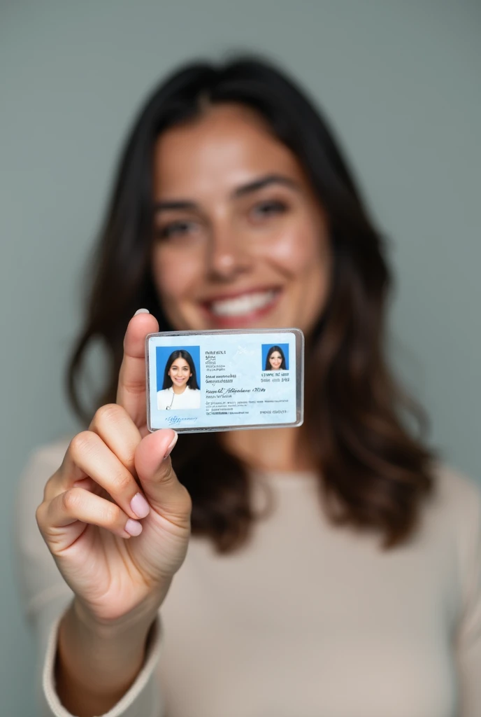 Take a selfie with a woman's the left hand holding an ID card Where the woman's face is clearly understood