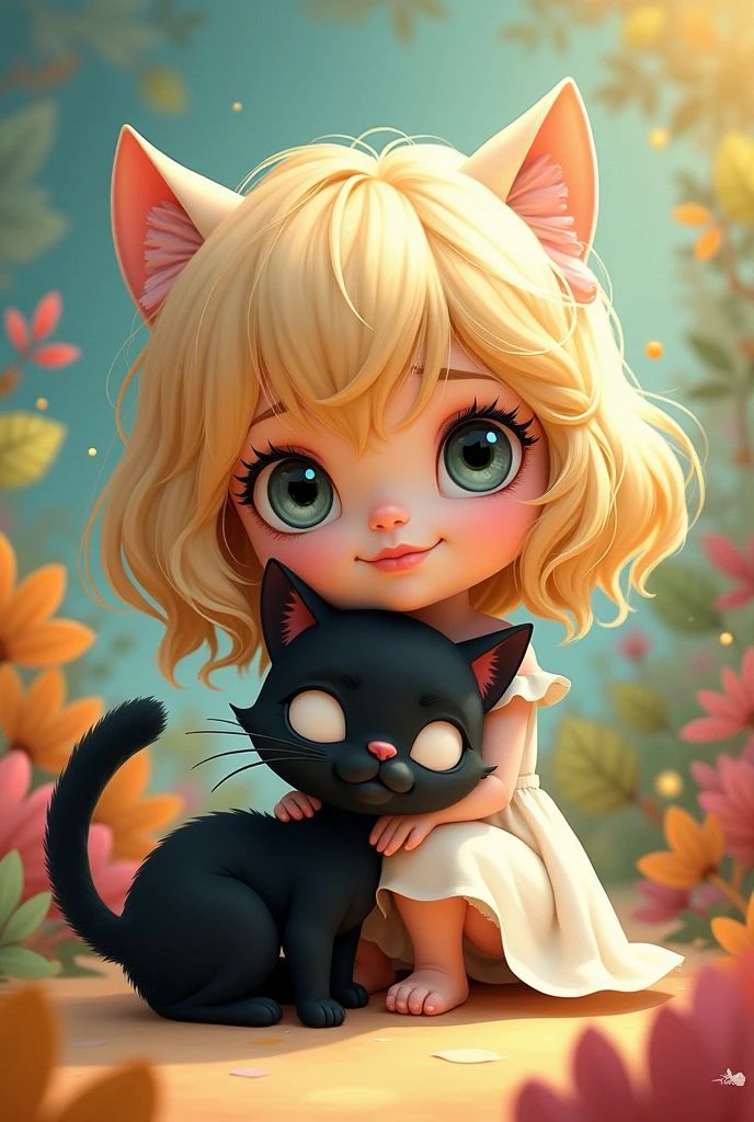 Girl with grey eyes, with blond hair with black cat cartoon style