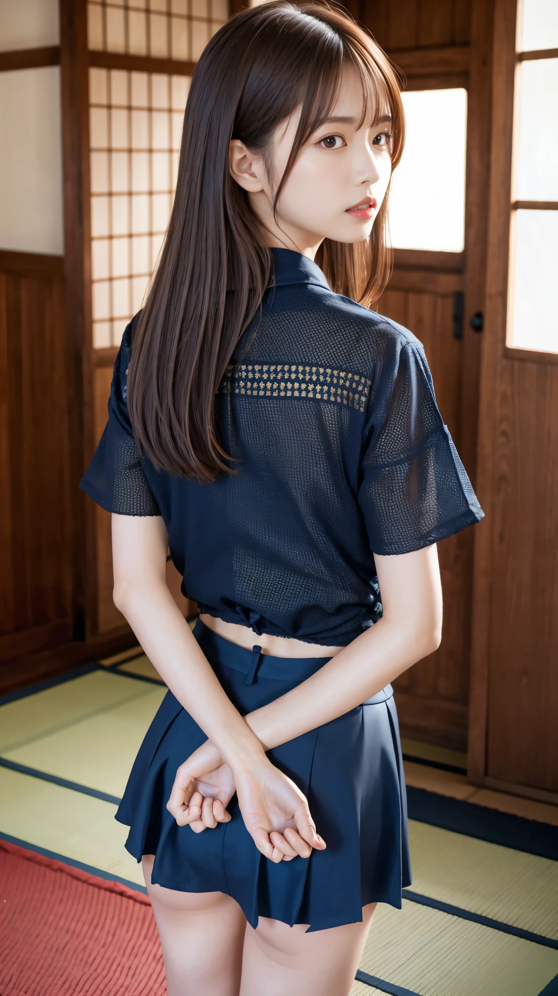 Highest quality, detailed, beautiful, insanely detailed, Absurd, Japanese women, Age 27, (thin), Light brown hair, Shiny Hair, Straight Hair, Delicate hair, Model body type, Hands should be put around the back, shibari, Bind tight, Wear a red short-sleeved blouse, Wear a navy blue skirt, Japanese Room , Standing on tatami mats , Viewer view from the front, Anatomically correct body, whole body,