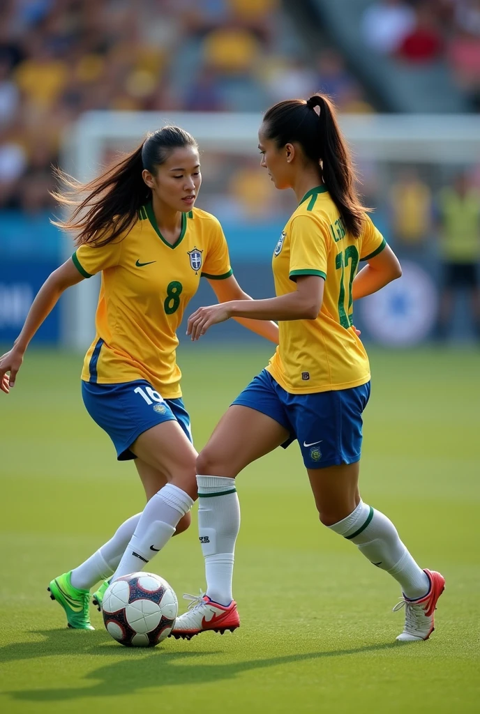 An image of a soccer field where there are two attractive women playing soccer, Beautiful women from different teams playing soccer , a Japanese woman and another a Brazilian woman. sexy soccer player, with a soccer ball in