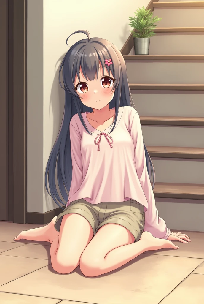 An anime style girl lying on the floor leaning her back against the stairs in front