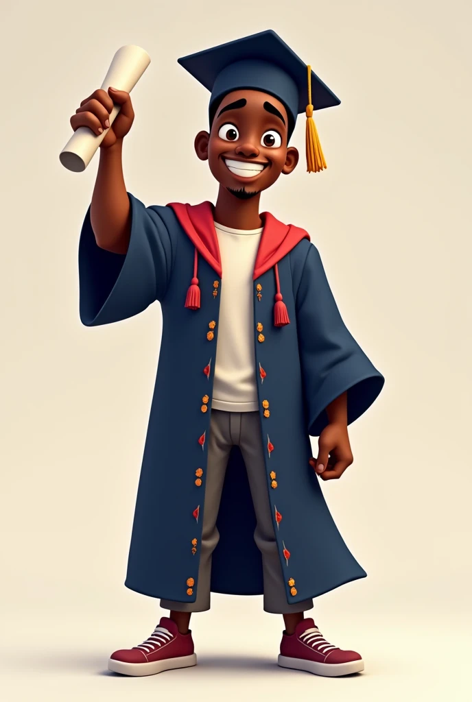 Dark brown male figure in graduation outfit holding a diploma 2d cartoon style
