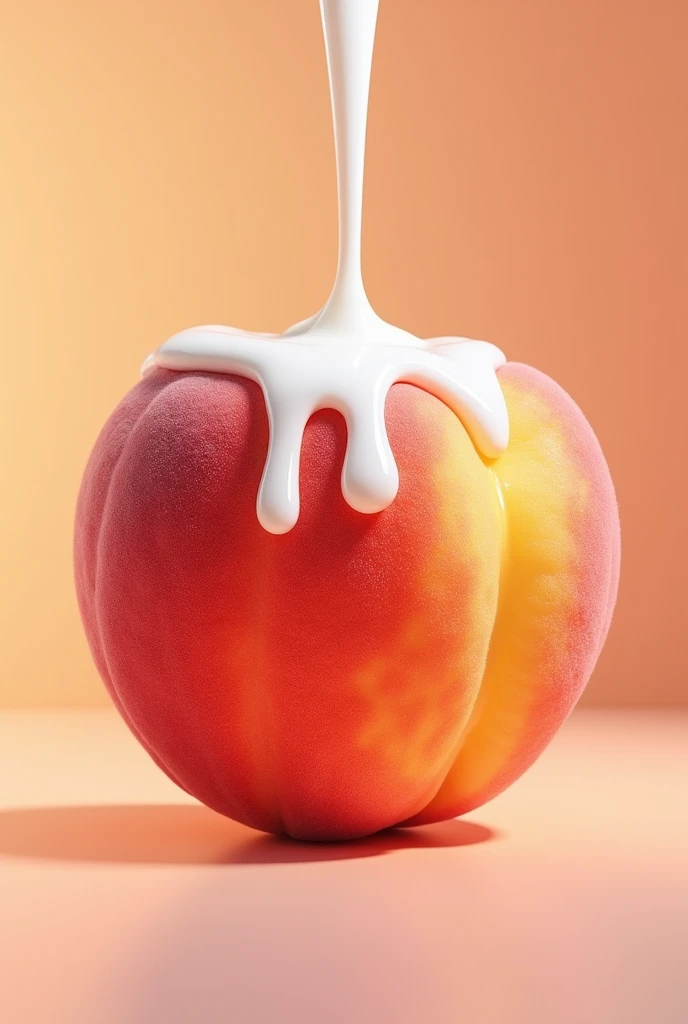 A beautiful big juicy peach, with drops of white milk dripping, seen from the front.