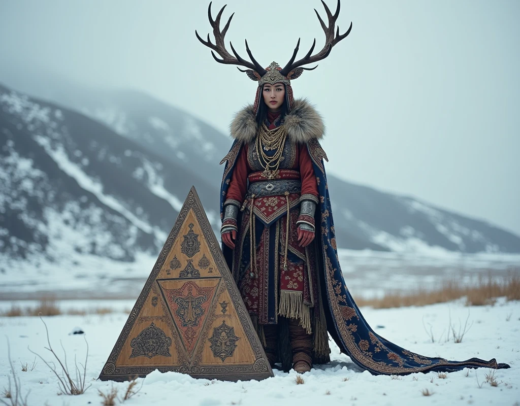 Mongolian Queen shaman deer antler winter clothing . shaman triangular shape drum.