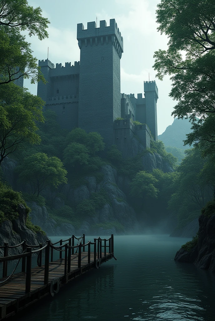 Picture Description:Castle: A dark, black castle standing tall and imposing.Surroundings: The castle is surrounded by dense, lush trees, creating a mystical and isolated atmosphere.Water: A moat or body of water encircles the castle, enhancing its fortification and adding to its grandeur.Bridge: A small, wooden bridge extends from the castle to the land. This bridge is designed to lift up, making it accessible only when lowered and providing a unique entrance to the castle.