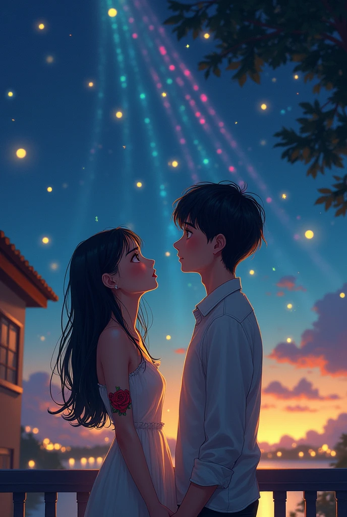 I would like you to make a digital illustrated image, not animated nor real, of a couple in love, young adults 20 years old, On a balcony watching shooting stars of various colors, the girl has white skin, black hair with bangs, Golden eyes. The boy has white skin, pelo negro y Golden eyes, She also has a tattoo of a red rose on her neck.