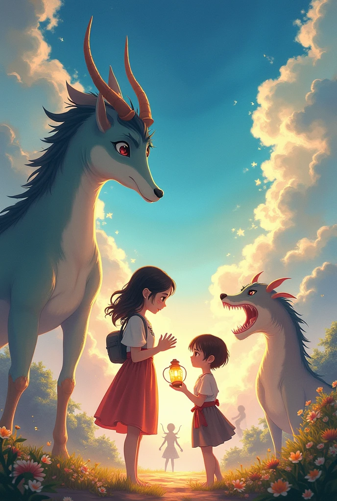A woman and a child looking at each other, IG Studio Anime Style, Daytime fantasy anime, Anime Cover, future!!, Beasts, Watercolor illustration style, Instagram Stories, Cute art style, Art Book, pinterest anime, 🪔 🎨;🌞🌄, at night!!
