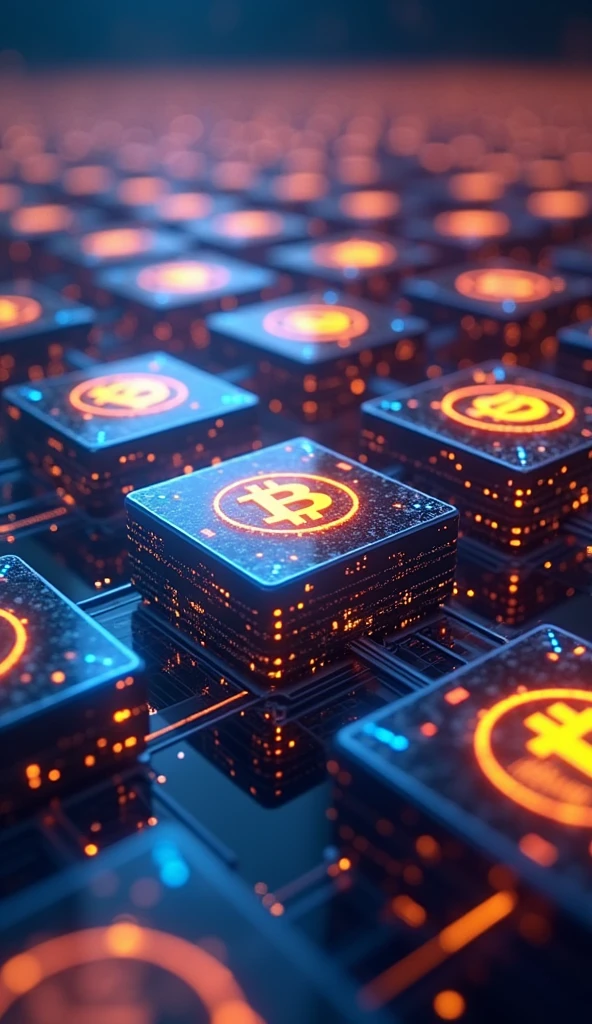 A close-up view of digital blocks forming a chain, each block glowing and connected to the next by bright lines of light. The blocks contain data, with visible Bitcoin symbols and cryptographic patterns. The background features a network of interconnected nodes, symbolizing the blockchain structure