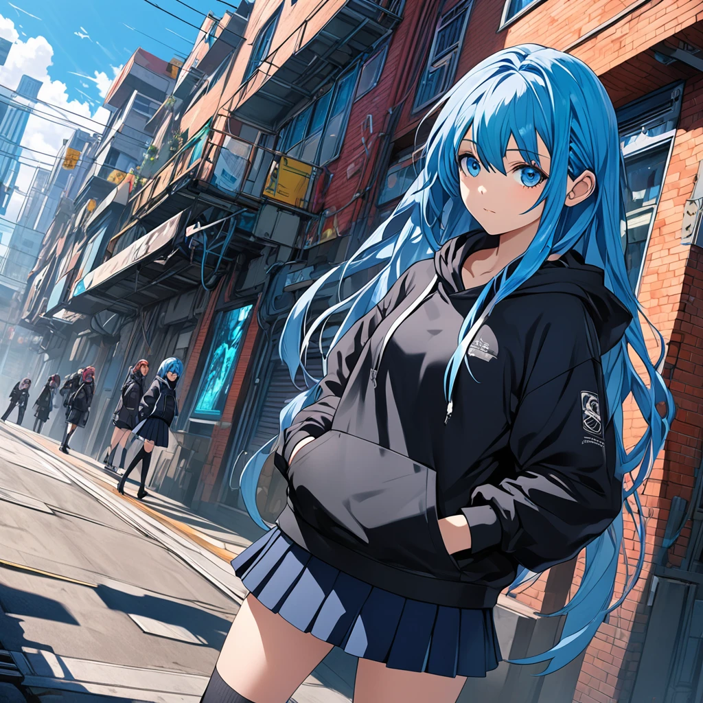 anime girl with blue hair and black jacket posing for a picture, anime girl with teal hair, anime moe artstyle, rimuru, girl with blue hair, cyberpunk anime girl in hoodie, with blue hair, anime style 4 k, trending on artstation pixiv, beautiful blue haired girl, anime art wallpaper 8 k, official character art, sona is a slender, Official Art, Unity 8K Wallpaper, Extreme Detailed, Beautiful and Aesthetic, (cowboy shot), Masterpiece, Top Quality, perfect anatomy, concept art, (best illustration), (best shadow), Analog Color Theme,, contrast, smooth, sharp focus, scenery, 1girl, solo, long hair, looking at viewer, bangs, blue eyes, skirt, shirt, long sleeves, closed mouth, blue hair, standing, plain black hoodie, loose hoodie, pleated skirt, outdoors, sky, day, socks, black skirt, kneehighs, dutch angle, floating hair, feet out of frame, black socks, blue bow tie, building, hands in pockets, confident look, light back leaning, outlines, hair going in the left direction