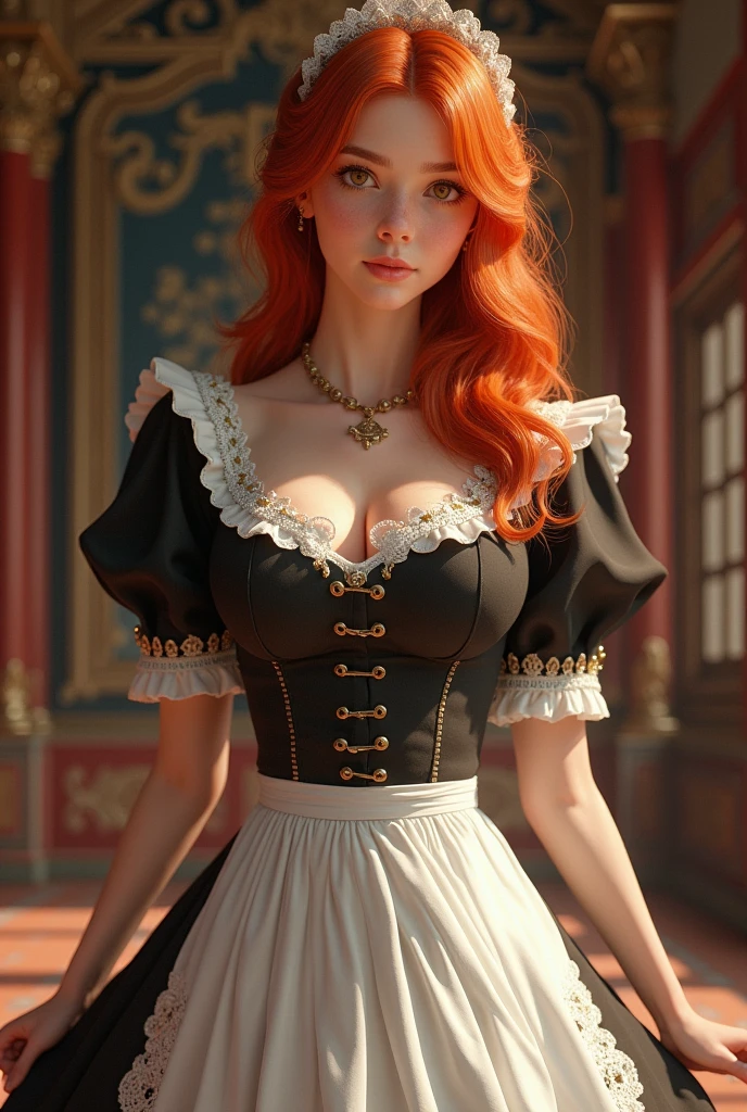 Create an image of a red-haired girl with brown eyes, large bust and youthful appearance, she wears medieval clothes of an imperial palace maid