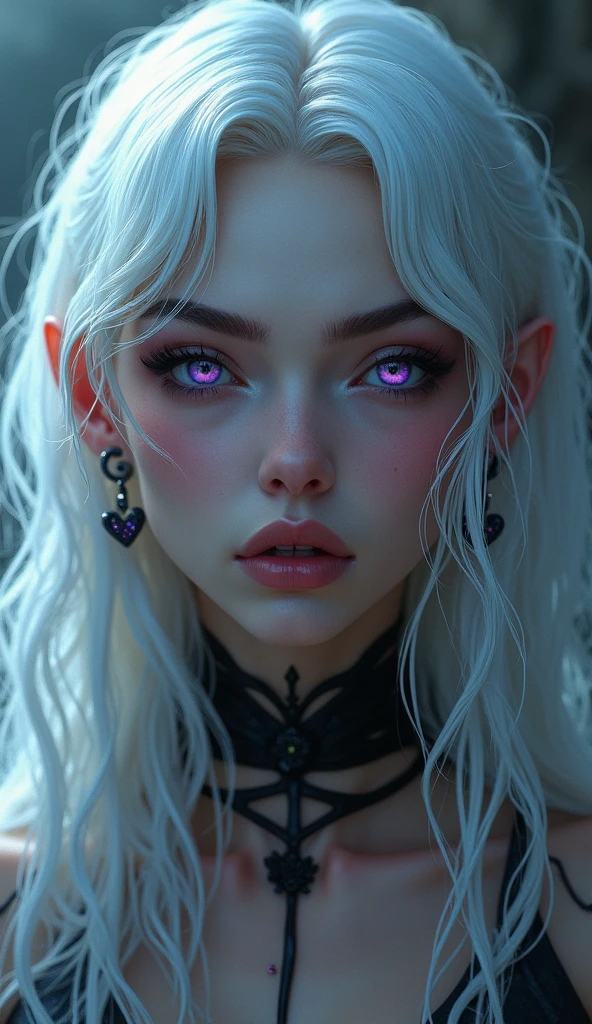 length hair,jewellery, Details, White hair, shiny hair, Highlights, rippled hair, ear rings, Herzförmige ear rings, violet eyes, Fangs, Veins of Rage, raised eyebrow, Chin lift, Devil Eyes, longeyelashes,