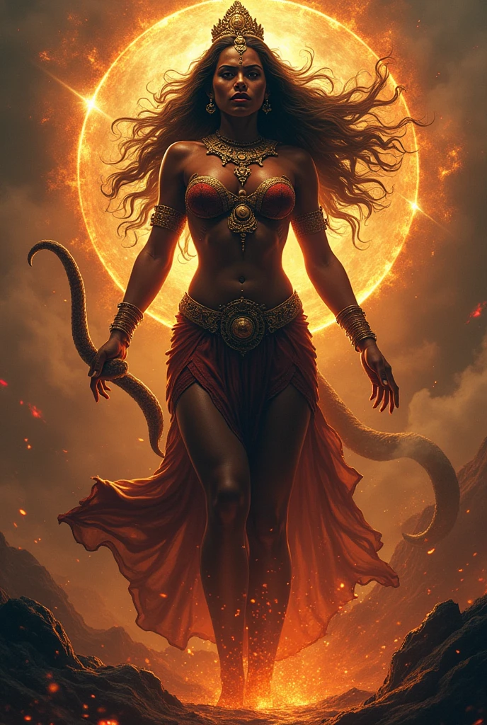 Indian lady with goddess figure in complete nude with strong dark body, killing devil and taking penis eating body
