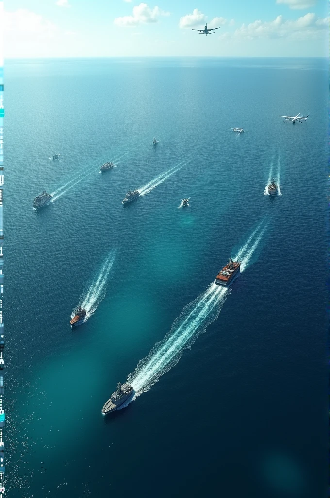Fade to a serene and busy ocean with ships and planes passing peacefully through the area. Overlay text appears: "Despite the legends, most journeys through the Bermuda Triangle are uneventful. Mystery or Myth?" The scene ends with a slow zoom-out from the ocean, returning to the map view before fading to black.