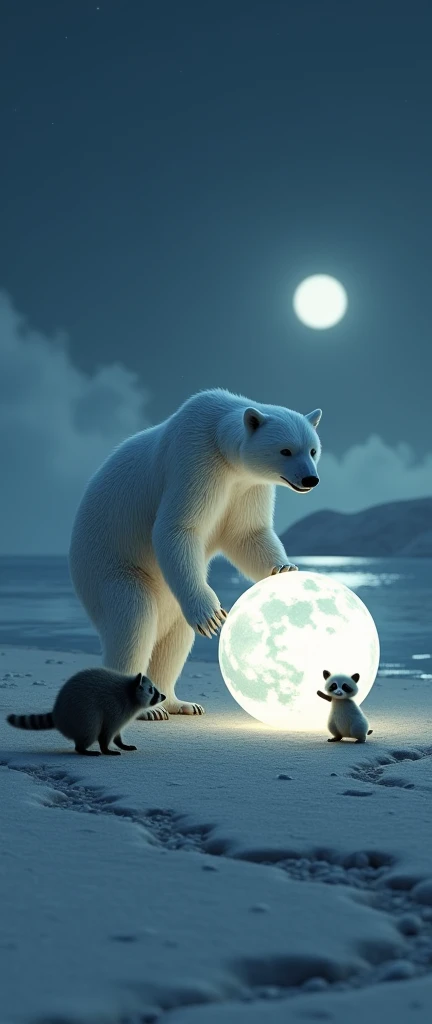 A captivating 3D render of a baby raccoon and a majestic polar bear in a serene nighttime setting. The baby raccoon is extra fluffy and growling, while the polar bear stands on two legs, pushing a moon-like sphere with ease. The bear's silvery-luminescent coat adds to the mystical atmosphere of the scene. The background reveals a pristine sandy beach with a marked path leading to the water's edge. The distant enigmatic light adds a touch of mystery to this conceptual wildlife photograph., conceptual art, wildlife photography, conceptual art, wildlife photography, photo, 3d render