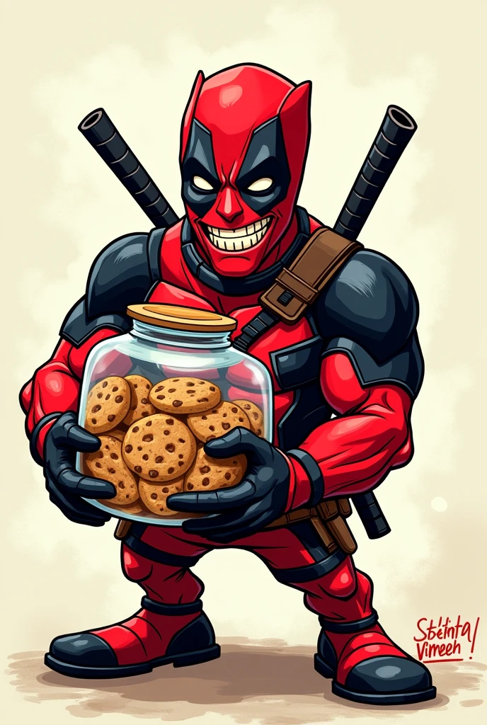 Deadpool holding a cookie jar in a cartoonish hand drawn style