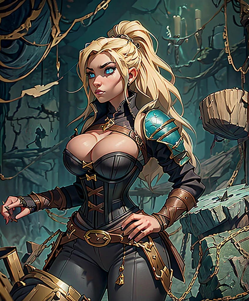 This is a fantasy character portrait.  (((Ideal female physique.)))  (((Black corset and black bodice.))) (((Long blonde hair))) (((Looks like a muscular, intimidating female warrior for D&D.)))  (((She has amazing body dimensions.)))  (((Voluptuous body type with an amazing dark look.))) (((Intense stare.))) Looks like a single character portrait of an exciting, female adventurer for a high fantasy setting.  She looks like an aggressive, fun, confident woman for a fantasy role playing game like Dungeons & Dragons.  She is exciting and dramatic, with an excellent fashion sense and very  cool hair style.  She wears fantasy bodice and corset.  She is a very interesting woman in her early 20’s.    Art in the style of fantasy artist artgerm. hyper detailed, gothic art, intricate details, ultra detailed, ultra detailed clothes, epic masterpiece, ultra detailed, intricate details,  award winning, fantasy art concept masterpiece, trending on Artstation, digital art, unreal engine, 8k, ultra HD, centered image