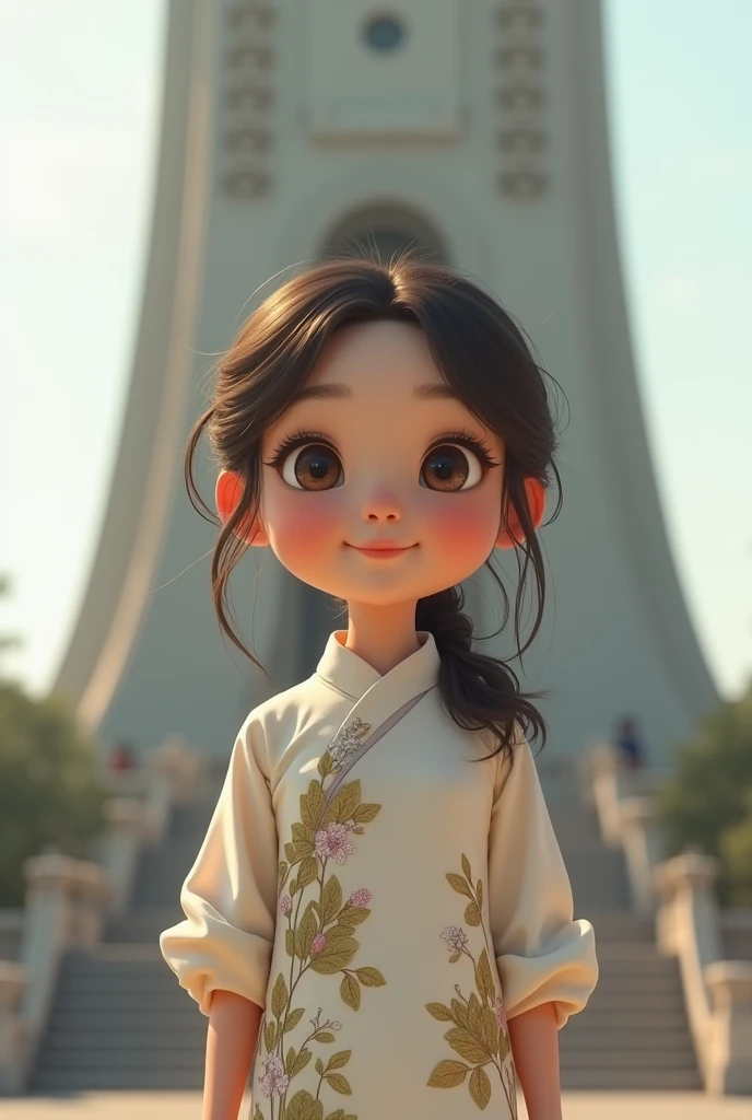 "Create an image of a teenage girl with a small, delicate face and a mix of childish innocence and pride. She is wearing a traditional Chinese dress and stands confidently in front of a testing monument, with a proud smile."