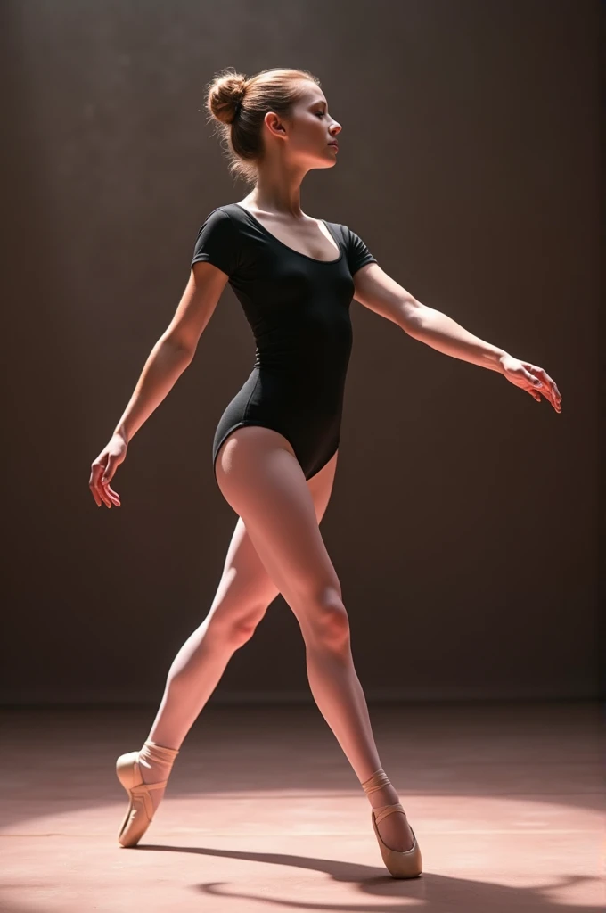 Caucasian woman . light brown/auburn hair in bun. Wearing black short sleeve scoop neck ballet leotards. Stage pink ballet tights. Pink ballet slippers