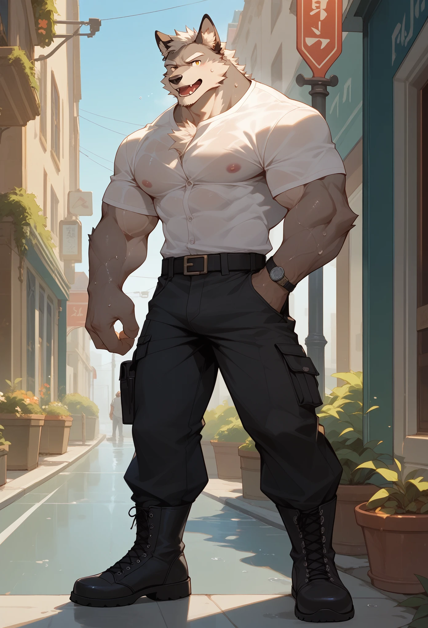 score_9, score_8_up, score_7_up, Expressiveh, masterpiece, extremely detailed, highres, detailed beautiful face and eyes, best quality, best aesthetics, absurdres, perfect anatomy, perfect proportions, high resolution, good color, bright skin, good shading, countershading, well detailed background, handsome, male focus, full body, open mouth, veins muscular, sweaty, sweat on skin, full body, chest fur, shaded, sexy, attractive, looking at viewer, Muscular, Gray wolf, white fur, standing at sidewalk, close up, white shirt, black pants, combat boots, unbutton shirt, bare chest, male nipples, hot weather, ((soaked shirt)), Wet shirt, flowerpots, sunny.