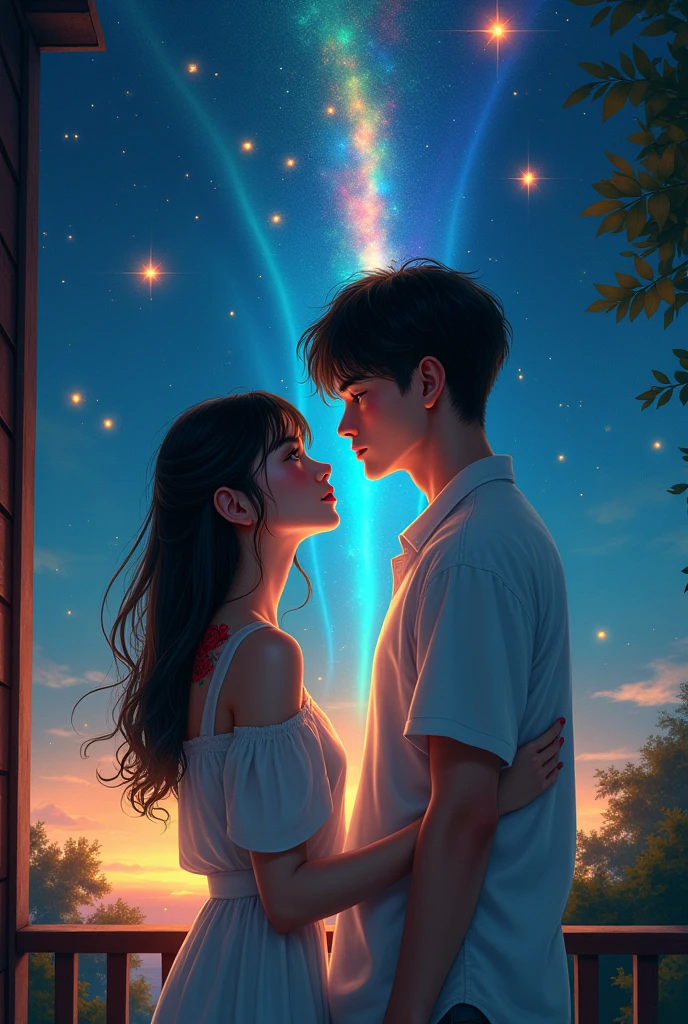 I would like you to make a digital illustrated image, not animated nor real, of a couple in love, young adults 20 years old, On a balcony watching shooting stars of various colors, the girl has white skin, black hair with bangs, Golden eyes. The boy has white skin, pelo negro y Golden eyes, She also has a tattoo of a red rose on her neck.