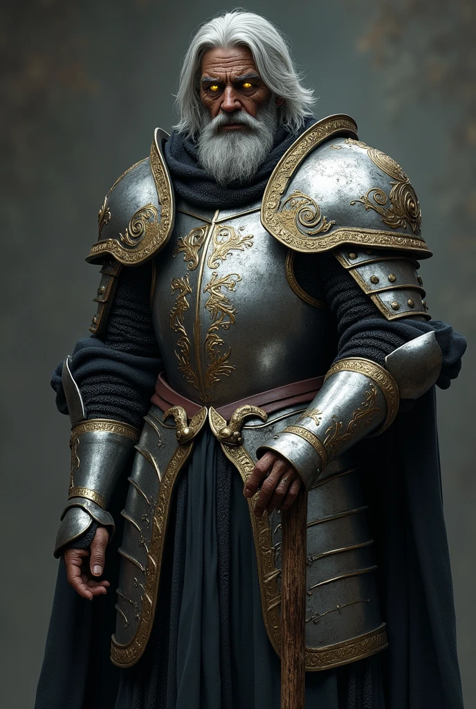Middle-aged knight in plate armor, wide and bright, silver plated with gold filigree, covered by dark tattered fabric, head covered by dark, tattered hood, black skin, medium short silver hair, short silver beard, golden eyes that emit light, leaning on a stick that looks like a branch