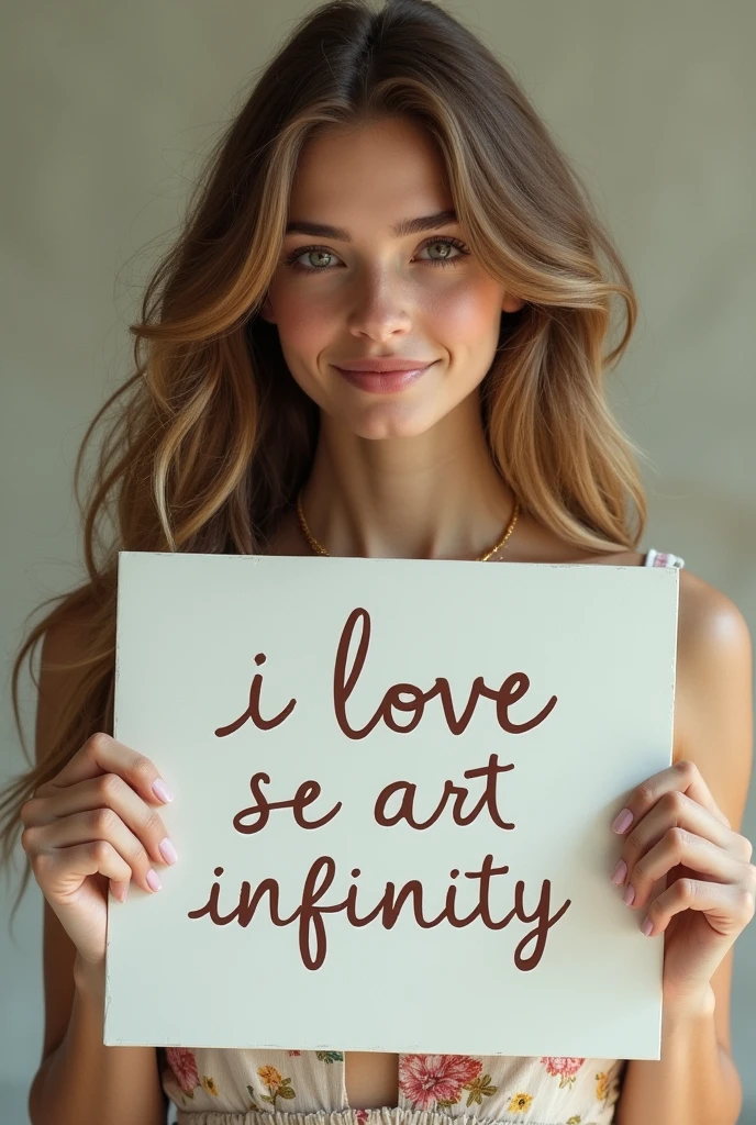 Beautiful girl with wavy long hair, bohemian dress, holding a white board with text "I Love Se


aart Infinity" and showing it to the viewer