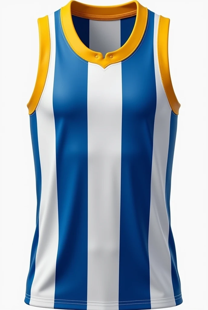just a men's team tank top with white and blue stripes and yellow collars