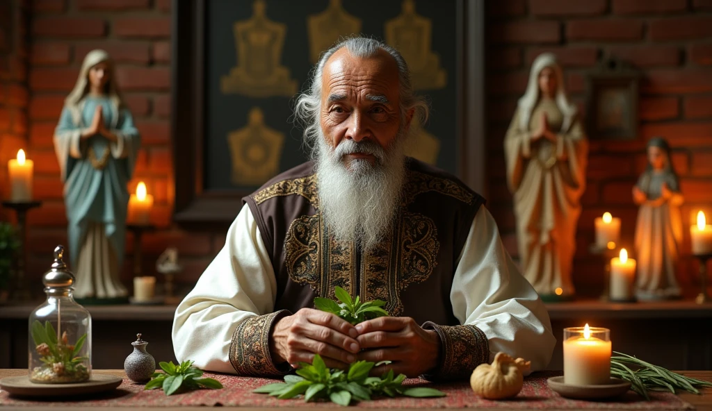 Create an ultra-realistic image of a traditional Brazilian male healer, around 70 years old, dressed in refined, elegant clothing. He is performing a traditional benzimento ritual, holding a bundle of herbs like rue and basil in his hands. His expression is serene and focused as he conducts the ritual. In the background, include candles, aromatic herbs, and various saint statues, all contributing to an atmosphere of energy and blessing.